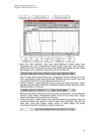 Kuliah Umum IlmuKomputer.Com
Copyright © 2003 IlmuKomputer.Com
Toolbars Standard Toolbars FormattingMenu Bar
Lembar kerja Excel 2000
Row
Heading
Cell
Pointer
Column
Heading
Formula
Bar
Scroll
Bar
• Menu Bar, berisi sederetan menu yang dapat digunakan, dimana setiap menu
mempunyai sub menu masing-masing sesuai dengan fungsi dari menu induknya.
Misalnya Edit, akan mempunyai sub menu yang berhubungan dengan edit data, begitu
juga dengan menu yang lainnya. Standarnya menu bar terdiri dari :
Menu ini dapat dipilih dengan Mouse atau menggunakan tombol kombinasi ALT+huruf
menu yang bergaris bawah secara bersamaan. Misalkan kita akan memilih menu edit,
maka tekanlah tombol ALT jangan dilepas lalu tekan huruf E.
• Toolbars Standard, adalah sederetan icon-icon yang akan sering digunakan. Toolbar
digunakan agar kita dapat memilih dan menjalankan perintah dengan cepat dan mudah.
Defaultnya toolbar ini terdiri dari :
Masing-masing toolbar mempunyai nama dan fungsi masing-masing, untuk mengetahui
namanya cukup dengan mengarahkan pointer mouse ke icon yang dituju, tunggu
sesaat, maka akan muncul nama dari icon tersebut.
• Toolbar Formatting, adalah toolbar yang sering kita gunakan yang berfungsi dalam hal
memformat lembar kerja, apakah itu rata kiri, kanan atau rata tengah, kita juga bisa
cetak tebal, miring atau bergaris bawah, semua ini adalah bagian dari proses
memformat lembar kerja. Standarnya, toolbar ini terdiri dari :
20
 