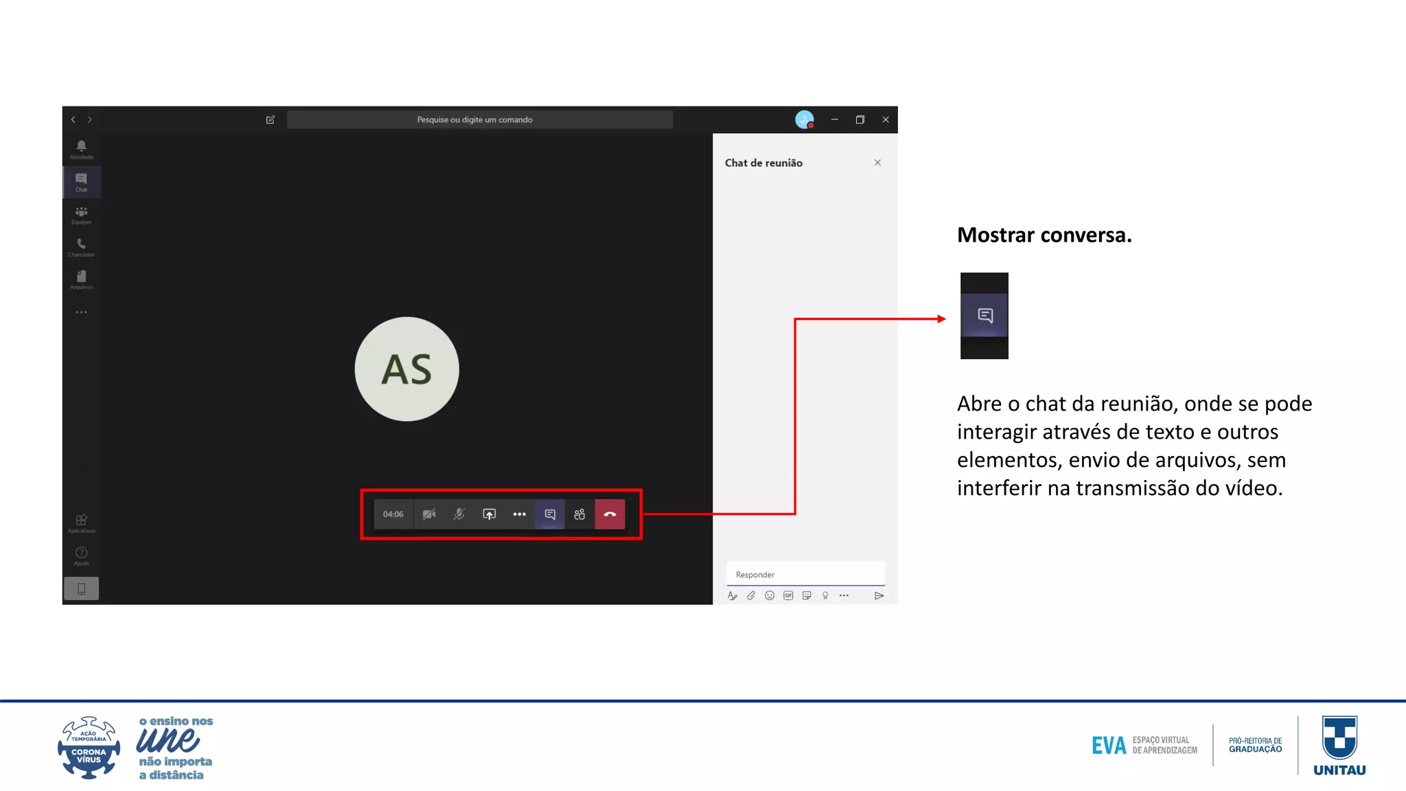 Mostrar conversa.
Abre o chat da reunião, onde se pode
interagir através de texto e outros
elementos, envio de arquivos, sem
interferir na transmissão do vídeo.
 
