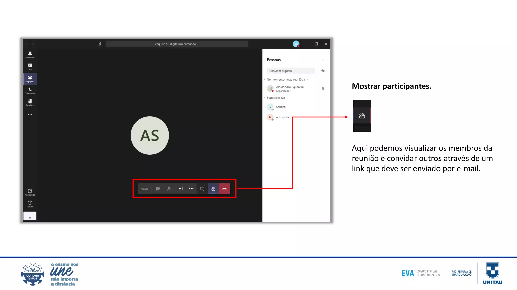 Mostrar participantes.
Aqui podemos visualizar os membros da
reunião e convidar outros através de um
link que deve ser enviado por e-mail.
 