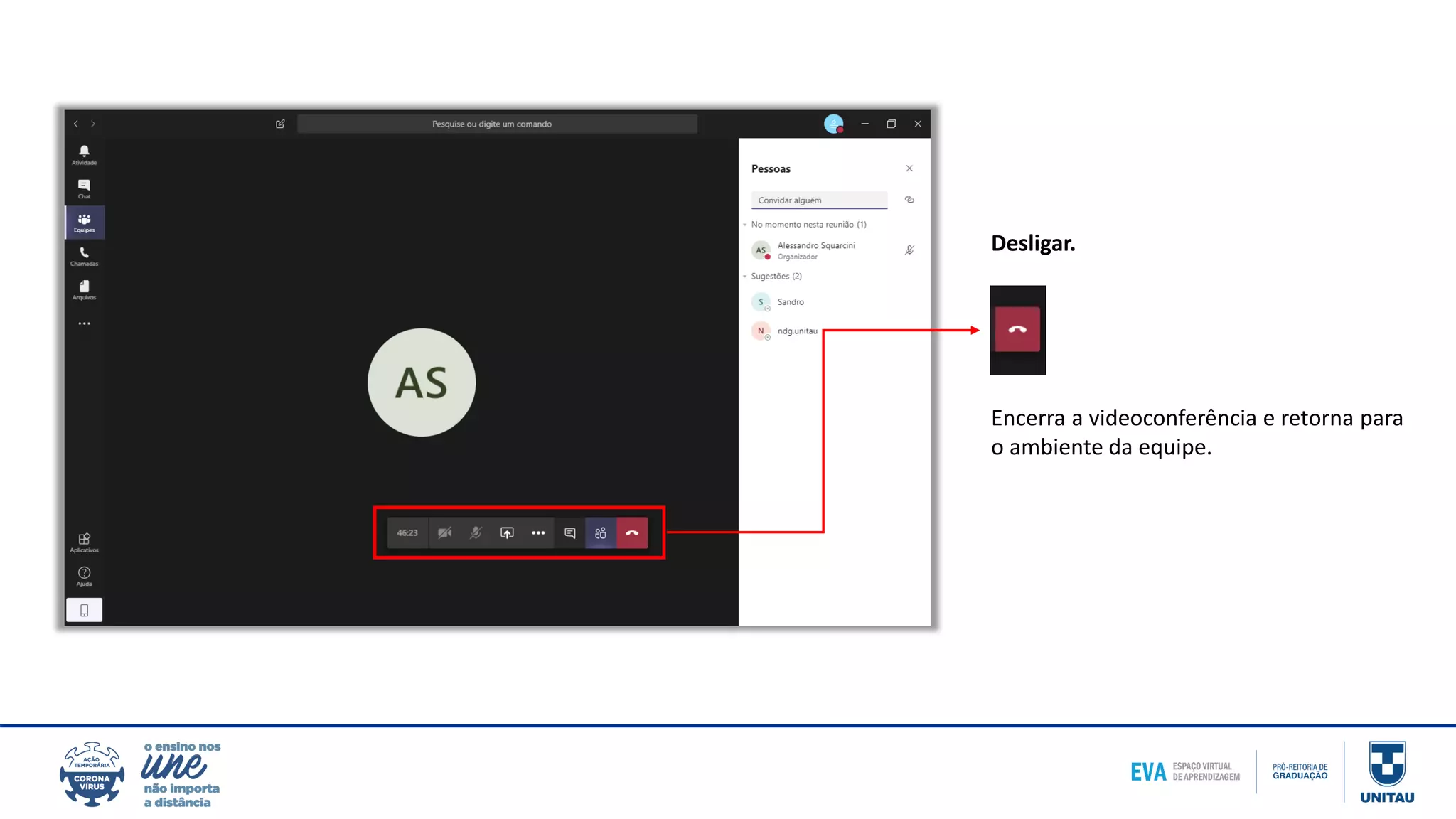 Desligar.
Encerra a videoconferência e retorna para
o ambiente da equipe.
 