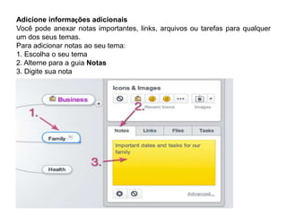 Adicione informações adicionais
Você pode anexar notas importantes, links, arquivos ou tarefas para qualquer
um dos seus temas.
Para adicionar notas ao seu tema:
1. Escolha o seu tema
2. Alterne para a guia Notas
3. Digite sua nota

 