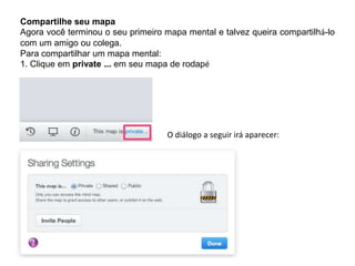 Compartilhe seu mapa
Agora você terminou o seu primeiro mapa mental e talvez queira compartilhá-lo
com um amigo ou colega.
Para compartilhar um mapa mental:
1. Clique em private ... em seu mapa de rodapé

O diálogo a seguir irá aparecer:

 