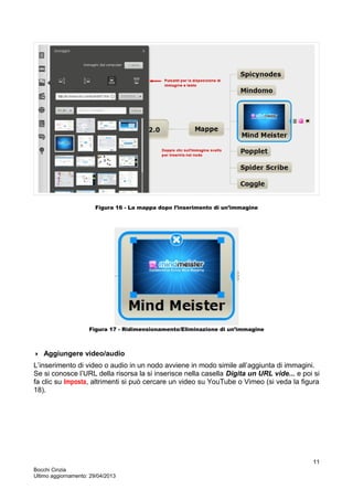 Figura 16 - La mappa dopo l’inserimento di un’immagine
Figura 17 - Ridimensionamento/Eliminazione di un’immagine
 Aggiungere video/audio
L’inserimento di video o audio in un nodo avviene in modo simile all’aggiunta di immagini.
Se si conosce l’URL della risorsa la si inserisce nella casella Digita un URL vide... e poi si
fa clic su Imposta, altrimenti si può cercare un video su YouTube o Vimeo (si veda la figura
18).
Bocchi Cinzia
Ultimo aggiornamento: 29/04/2013
11
 
