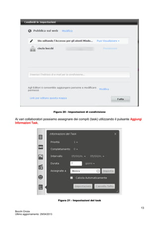 Figura 20 - Impostazioni di condivisione
Ai vari collaboratori possiamo assegnare dei compiti (task) utilizzando il pulsante Aggiungi
Informazioni Task.
Figura 21 - Impostazioni del task
Bocchi Cinzia
Ultimo aggiornamento: 29/04/2013
13
 