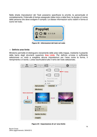 Nella sheda Impostazioni del Task possiamo specificare la priorità, la percentuale di
completamento, l’intervallo di tempo assegnato (data inizio e data fine), la durata e il nome
della persona che deve svolgere il compito. Le stesse informazioni sono visibili in forma di
icone nel nodo.
Figura 22 - Informazioni del task nel nodo
 Definire aree limite
Mindomo permette di distinguere visivamente delle aree nella mappa, mediante il pulsante
della barra degli strumenti superiore Area Limite. Per definire un’area è sufficiente
selezionare un nodo e scegliere alcune impostazioni per l’area come la forma, il
riempimento e il bordo. L’area racchiuderà tutto il ramo del nodo selezionato.
Figura 23 - Impostazione di un’ area limite
Bocchi Cinzia
Ultimo aggiornamento: 29/04/2013
14
 