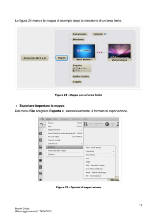 La figura 24 mostra la mappa di esempio dopo la creazione di un’area limite.
Figura 24 - Mappa con un’area limite
 Esportare-Importare la mappa
Dal menu File scegliere Esporta e, successivamente, il formato di esportazione.
Figura 25 - Opzioni di esportazione
Bocchi Cinzia
Ultimo aggiornamento: 29/04/2013
15
 