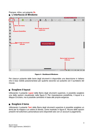 Premere, infine, sul pulsante Ok.
 L’interfaccia di Mindomo
Figura 4 - Dashboard Mindomo
Per ciascun pulsante delle barre degli strumenti è disponibile una descrizione in italiano
che è resa visibile posizionandosi per qualche secondo sul pulsante con il puntatore del
mouse.
 Scegliere il layout
Utilizzando il pulsante Layout della Barra degli strumenti superiore, è possibile scegliere
una delle opzioni visualizzate nella figura 5. Per impostazione predefinita, il layout è a
Mappa Circolare, ma è possibile cambiarlo in base alle proprie esigenze.
 Scegliere il tema
Utilizzando il pulsante Temi della Barra degli strumenti superiore è possibile scegliere un
tema per la mappa e un colore di sfondo, come mostrato in figura 6. Alcune delle opzioni
presenti nel sottomenu personalizza sono disponibili solo con un account a pagamento.
Bocchi Cinzia
Ultimo aggiornamento: 29/04/2013
3
Barra dei menu
Barra degli strumenti
superiore
Barra degli strumenti
inferiore
Barra degli strumenti
laterale
Pulsanti Disfa/Rifai
 