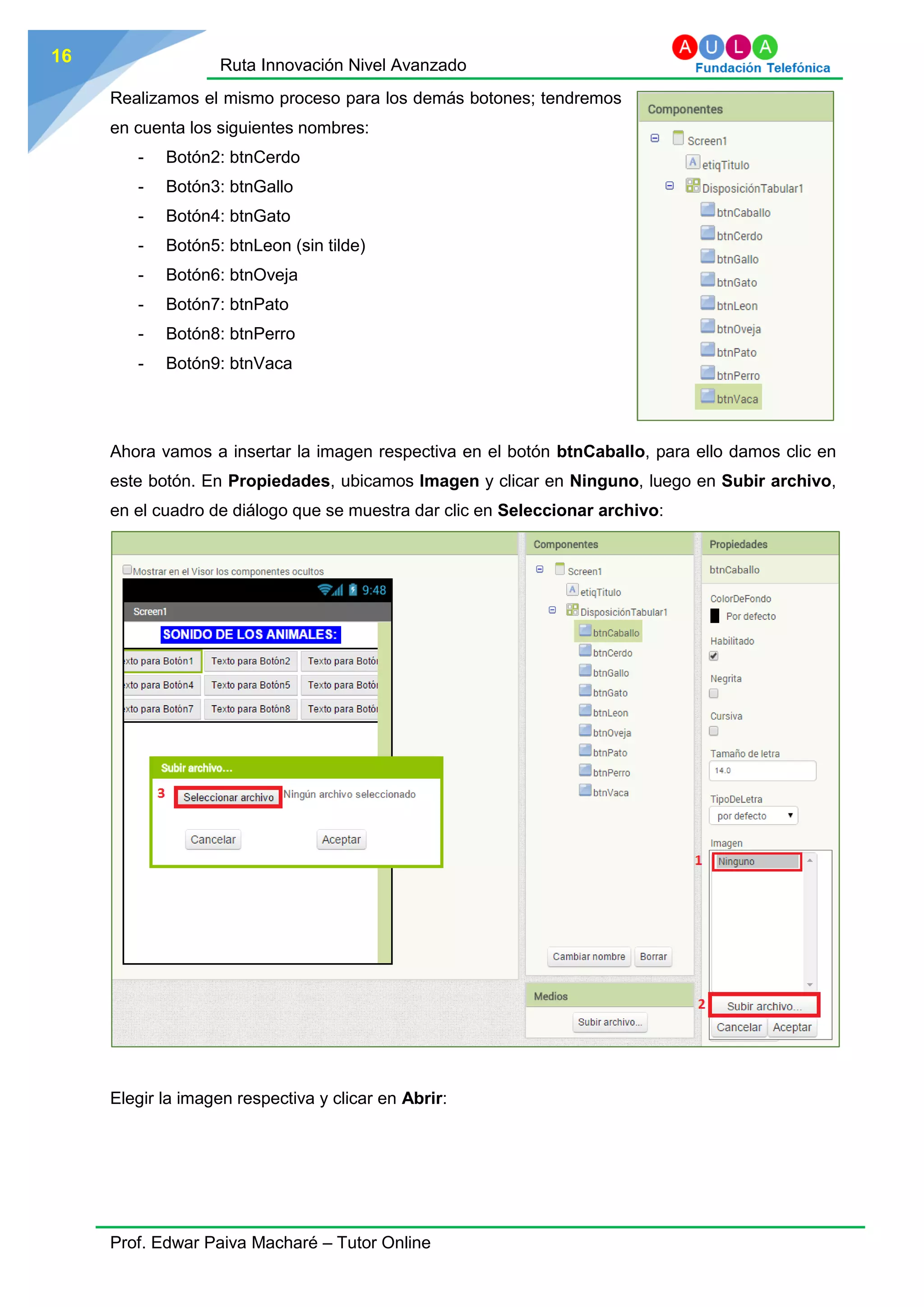 Ruta Innovación Nivel Avanzado
Prof. Edwar Paiva Macharé – Tutor Online
16
Realizamos el mismo proceso para los demás botones; tendremos
en cuenta los siguientes nombres:
- Botón2: btnCerdo
- Botón3: btnGallo
- Botón4: btnGato
- Botón5: btnLeon (sin tilde)
- Botón6: btnOveja
- Botón7: btnPato
- Botón8: btnPerro
- Botón9: btnVaca
Ahora vamos a insertar la imagen respectiva en el botón btnCaballo, para ello damos clic en
este botón. En Propiedades, ubicamos Imagen y clicar en Ninguno, luego en Subir archivo,
en el cuadro de diálogo que se muestra dar clic en Seleccionar archivo:
Elegir la imagen respectiva y clicar en Abrir:
 