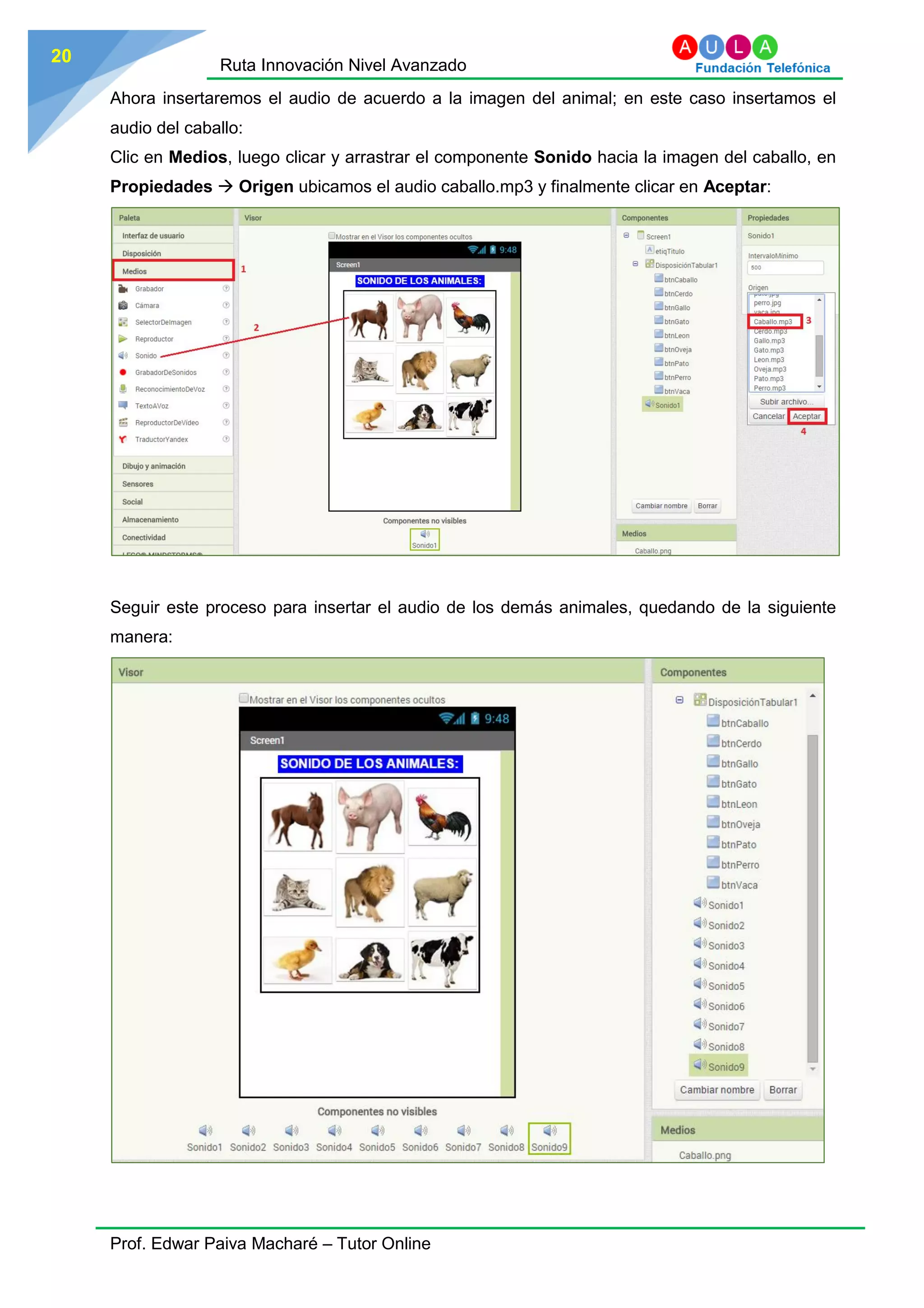 Ruta Innovación Nivel Avanzado
Prof. Edwar Paiva Macharé – Tutor Online
20
Ahora insertaremos el audio de acuerdo a la imagen del animal; en este caso insertamos el
audio del caballo:
Clic en Medios, luego clicar y arrastrar el componente Sonido hacia la imagen del caballo, en
Propiedades  Origen ubicamos el audio caballo.mp3 y finalmente clicar en Aceptar:
Seguir este proceso para insertar el audio de los demás animales, quedando de la siguiente
manera:
 