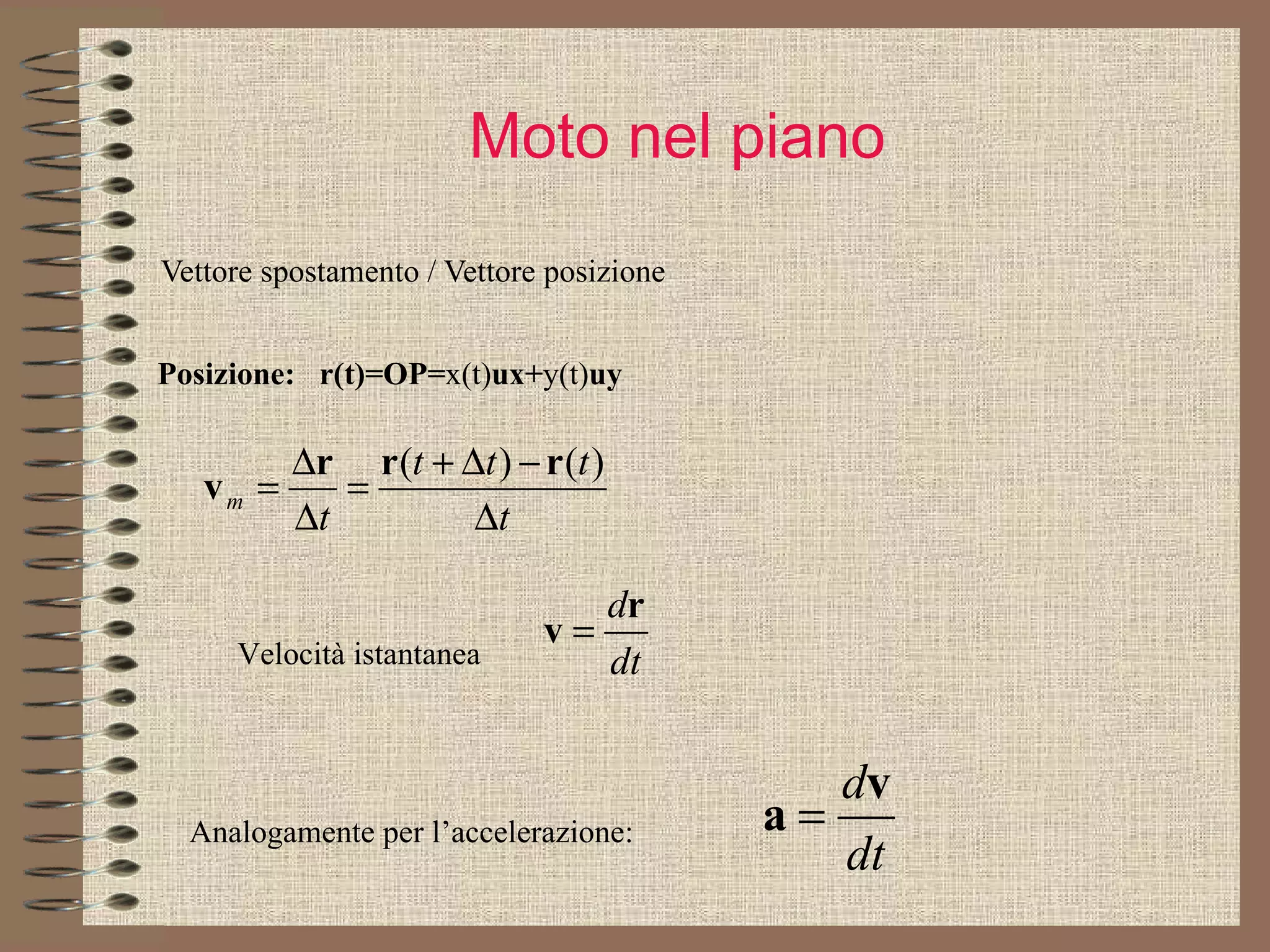 Moto nel piano Vettore spostamento / Vettore posizione Posizione:  r(t)=OP= x(t) ux+ y(t) uy Velocità istantanea Analogamente per l’accelerazione: 