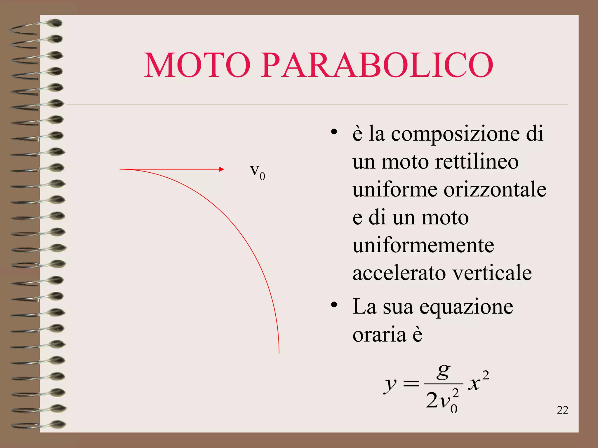 MOTO PARABOLICO è la composizione di un moto rettilineo uniforme orizzontale e di un moto uniformemente accelerato verticale La sua equazione oraria è  v 0 