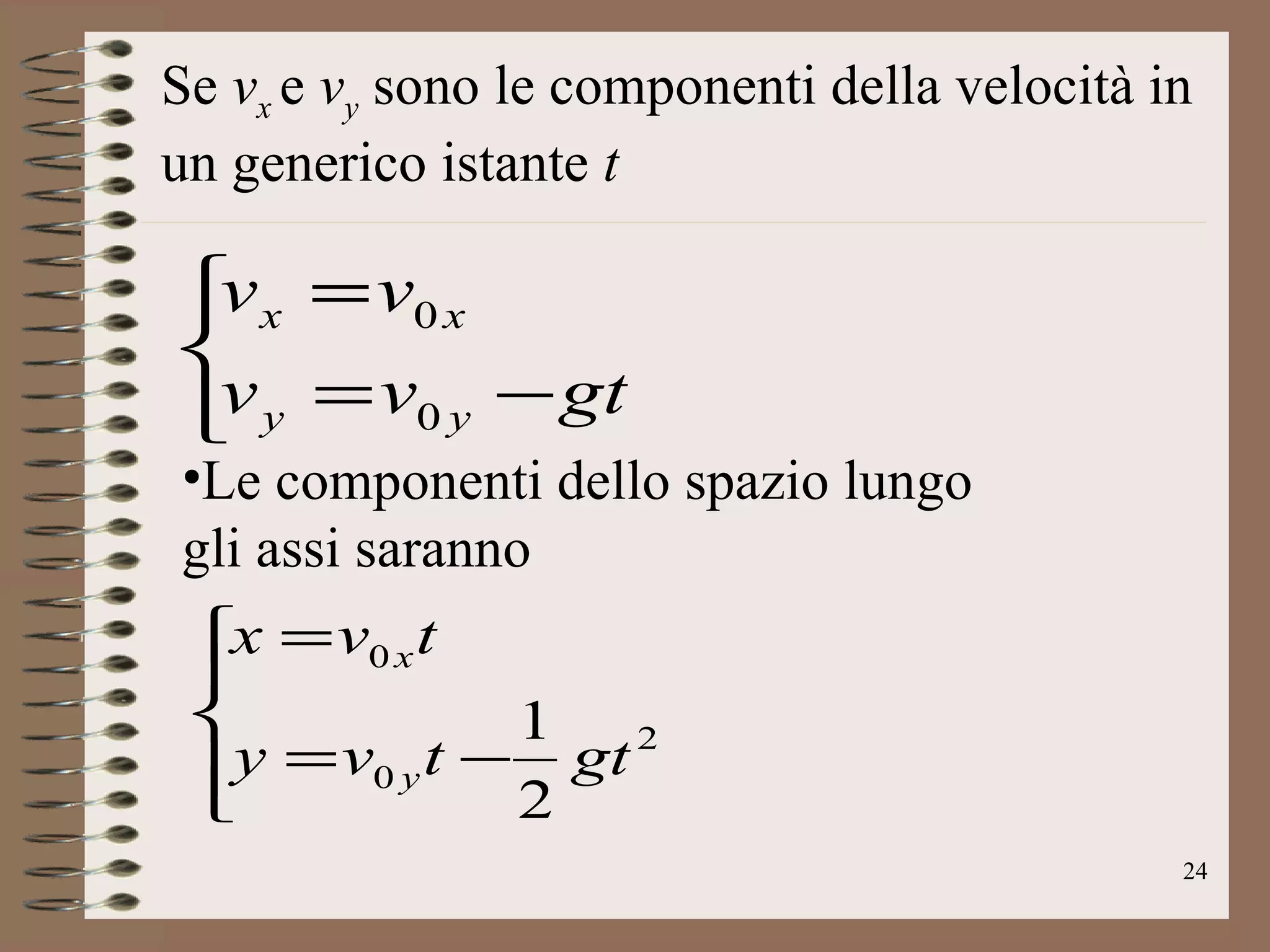 Se  v x  e  v y  sono le componenti della velocità in un generico istante  t Le componenti dello spazio lungo gli assi saranno 