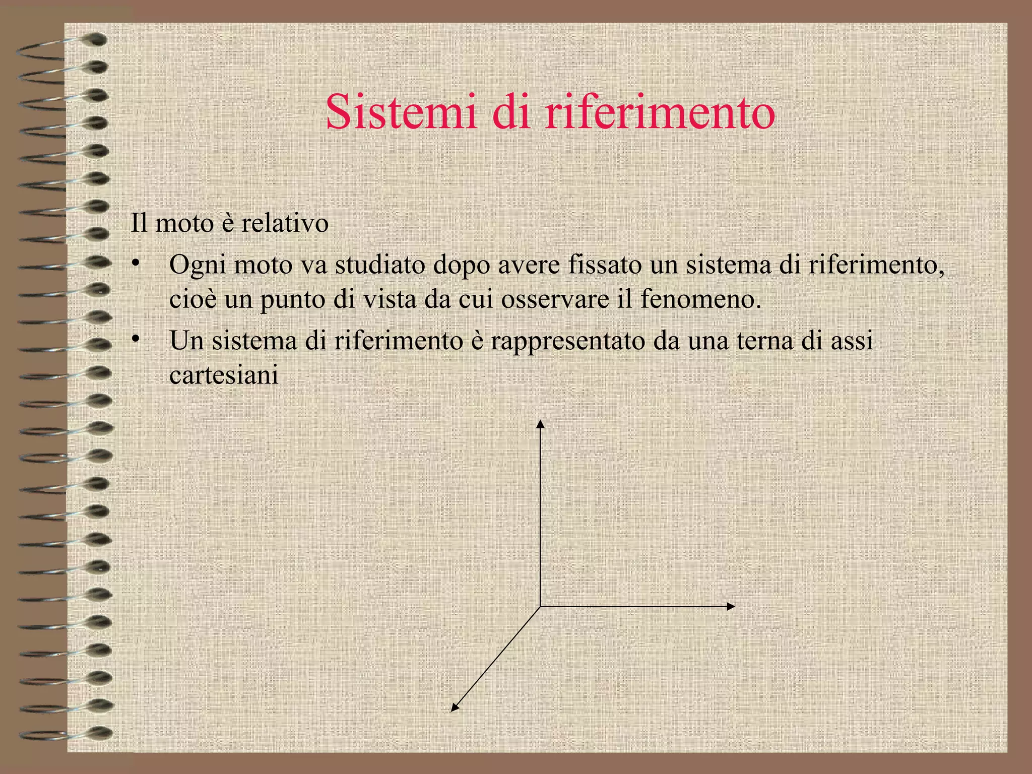 Sistemi di riferimento Il moto è relativo Ogni moto va studiato dopo avere fissato un sistema di riferimento, cioè un punto di vista da cui osservare il fenomeno. Un sistema di riferimento è rappresentato da una terna di assi cartesiani 