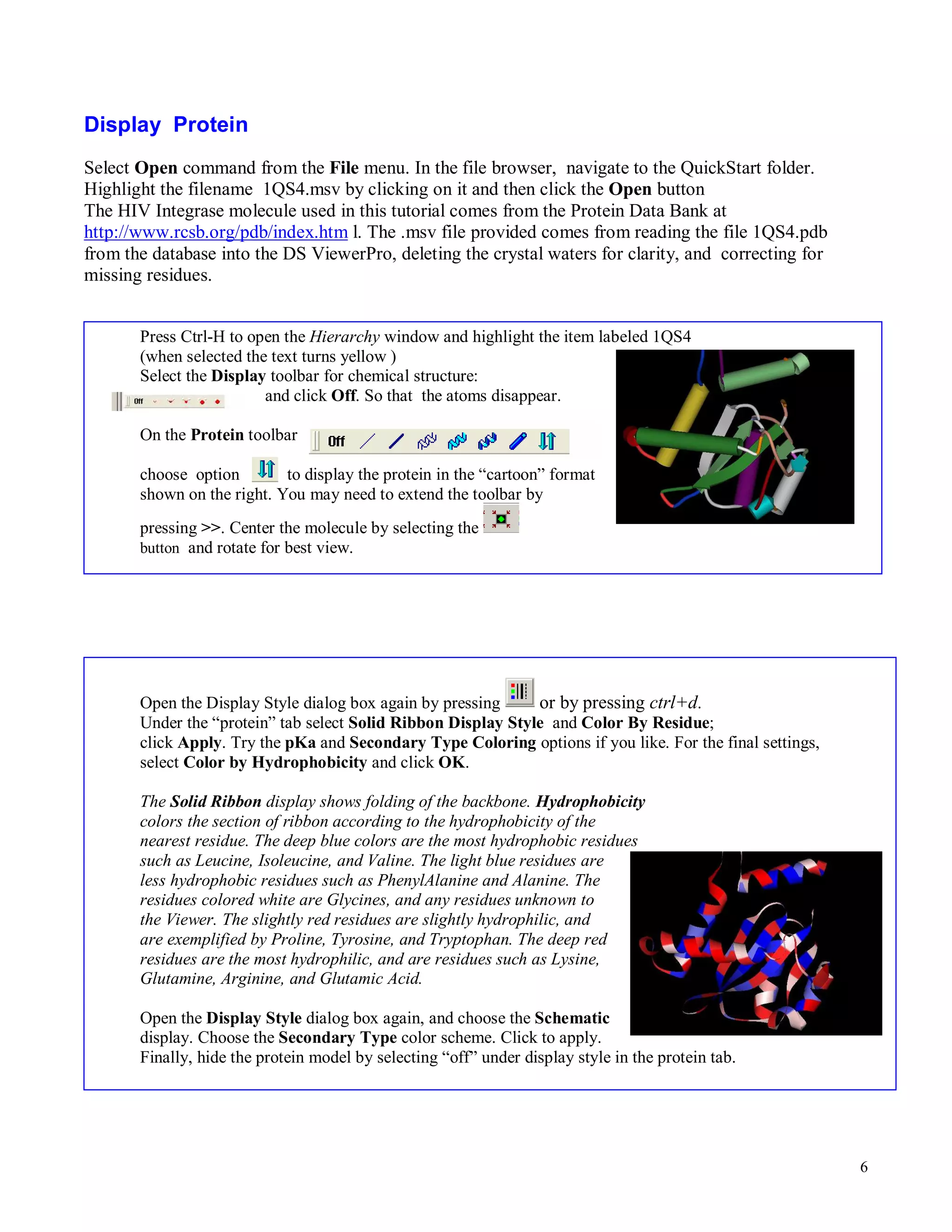 6 
Display Protein 
Select Open command from the File menu. In the file browser, navigate to the QuickStart folder. 
Highlight the filename 1QS4.msv by clicking on it and then click the Open button 
The HIV Integrase molecule used in this tutorial comes from the Protein Data Bank at 
http://www.rcsb.org/pdb/index.htm l. The .msv file provided comes from reading the file 1QS4.pdb 
from the database into the DS ViewerPro, deleting the crystal waters for clarity, and correcting for 
missing residues. 
Press Ctrl-H to open the Hierarchy window and highlight the item labeled 1QS4 
(when selected the text turns yellow ) 
Select the Display toolbar for chemical structure: 
and click Off. So that the atoms disappear. 
On the Protein toolbar 
choose option to display the protein in the “cartoon” format 
shown on the right. You may need to extend the toolbar by 
pressing . Center the molecule by selecting the 
button and rotate for best view. 
Open the Display Style dialog box again by pressing or by pressing ctrl+d. 
Under the “protein” tab select Solid Ribbon Display Style and Color By Residue; 
click Apply. Try the pKa and Secondary Type Coloring options if you like. For the final settings, 
select Color by Hydrophobicity and click OK. 
The Solid Ribbon display shows folding of the backbone. Hydrophobicity 
colors the section of ribbon according to the hydrophobicity of the 
nearest residue. The deep blue colors are the most hydrophobic residues 
such as Leucine, Isoleucine, and Valine. The light blue residues are 
less hydrophobic residues such as PhenylAlanine and Alanine. The 
residues colored white are Glycines, and any residues unknown to 
the Viewer. The slightly red residues are slightly hydrophilic, and 
are exemplified by Proline, Tyrosine, and Tryptophan. The deep red 
residues are the most hydrophilic, and are residues such as Lysine, 
Glutamine, Arginine, and Glutamic Acid. 
Open the Display Style dialog box again, and choose the Schematic 
display. Choose the Secondary Type color scheme. Click to apply. 
Finally, hide the protein model by selecting “off” under display style in the protein tab. 
 