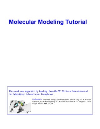 Molecular Modeling Tutorial 
This work was supported by funding from the W. M. Keck Foundation and 
the Educational Advancement Foundation. 
Reference: Eamonn F. Healy, Jonathan Sanders, Peter J. King and W. Edward 
Robinson, Jr “A Docking Study of L-Chicoric Acid with HIV-1 Integrase” J Mol. 
Graph. Model. 2009, 27 , 14. 
 