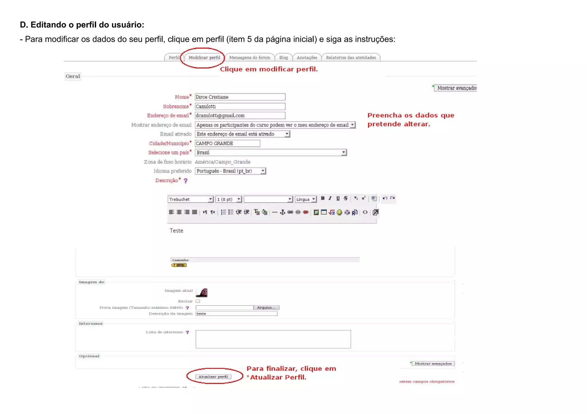 D. Editando o perfil do usuário:
- Para modificar os dados do seu perfil, clique em perfil (item 5 da página inicial) e siga as instruções:
 