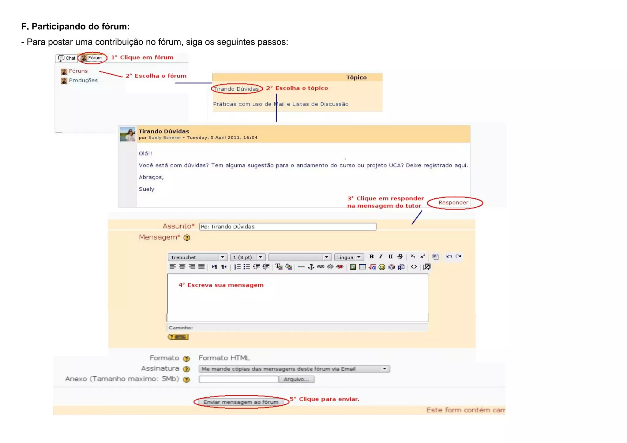 F. Participando do fórum:
- Para postar uma contribuição no fórum, siga os seguintes passos:
 