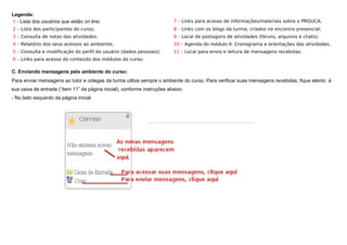 Legenda:
1 - Lista dos usuários que estão on line;                                 7 – Links para acesso de informações/materiais sobre o PROUCA;
2 – Lista dos participantes do curso;                                     8 – Links com os blogs da turma, criados no encontro presencial;
3 – Consulta de notas das atividades;                                     9 – Local de postagens de atividades (fóruns, arquivos e chats);
4 – Relatório dos seus acessos ao ambiente;                               10 – Agenda do módulo II: Cronograma e orientações das atividades.
5 – Consulta e modificação do perfil do usuário (dados pessoais);         11 – Local para envio e leitura de mensagens recebidas.
6 – Links para acesso do conteúdo dos módulos do curso;

C. Enviando mensagens pelo ambiente do curso:
Para enviar mensagens ao tutor e colegas da turma utilize sempre o ambiente do curso. Para verificar suas mensagens recebidas, fique atento à
sua caixa de entrada (“item 11” da página inicial), conforme instruções abaixo:
- No lado esquerdo da página inicial:
 