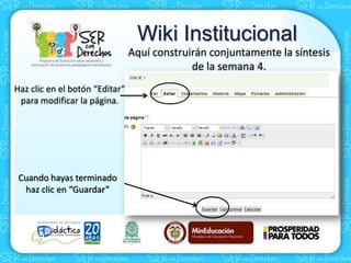 Wiki Institucional
Aquí construirán conjuntamente la síntesis
de la semana 4.
Haz clic en el botón “Editar”
para modificar la página.
Cuando hayas terminado
haz clic en “Guardar”
 