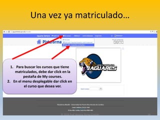 Una vez ya matriculado…
1. Para buscar los cursos que tiene
matriculados, debe dar click en la
pestaña de My courses.
2. En el menu desplegable dar click en
el curso que desea ver.
© 2016 Prof. Rosana Torres Cintrón 14
 