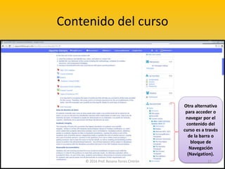 Contenido del curso
Otra alternativa
para acceder o
navegar por el
contenido del
curso es a través
de la barra o
bloque de
Navegación
(Navigation).
© 2016 Prof. Rosana Torres Cintrón 17
 
