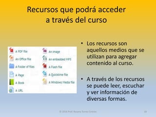 Recursos que podrá acceder
a través del curso
• Los recursos son
aquellos medios que se
utilizan para agregar
contenido al curso.
• A través de los recursos
se puede leer, escuchar
y ver información de
diversas formas.
© 2016 Prof. Rosana Torres Cintrón 18
 
