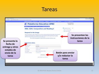 Tareas
Se presentan las
instrucciones de la
tareaSe presenta la
fecha de
entrega y otros
estados de
envío de la
tarea
Botón para enviar
y/o redactar la
tarea
© 2016 Prof. Rosana Torres Cintrón 22
 