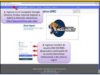 2. Ingresar nombre de
usuario (NO ESCRIBA
@upr.edu) y contraseña de
su correo electrónico
institucional y dar click en
Log in
1. Ingresar en el navegador (Google
Chrome, Firefox, Internet Explorer o
Safari) la dirección electrónica
http://jaguarenlinea.uprc.edu/
© 2016 Prof. Rosana Torres Cintrón 7
 