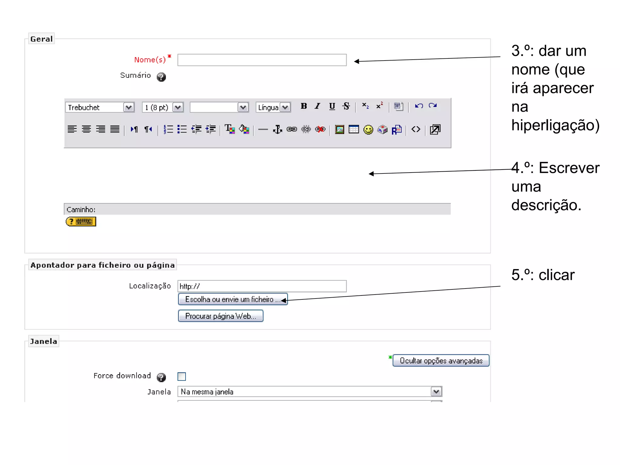 3.º: dar um nome (que irá aparecer na hiperligação) 4.º: Escrever uma descrição. 5.º: clicar 