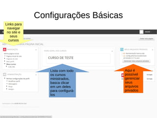 Configurações Básicas
Lista com todo
os cursos
ministrados,
basca clicar
em um deles
para configurá-
los
Aqui é
possível
gerenciar
seus
arquivos
privados
Links para
navegar
no site e
seus
cursos
 