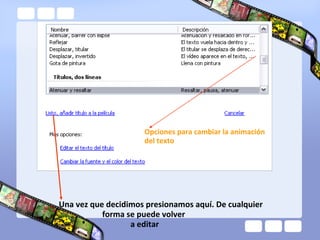 Una vez que decidimos presionamos aquí. De cualquier
forma se puede volver
a editar
Opciones para cambiar la animación
del texto
 