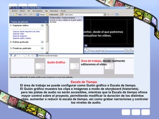 Guión Gráfico
Monitor, desde el que podremos
previsualizar los vídeos.
Área de trabajo, donde realmente
editaremos el vídeo.
Escala de Tiempo
El área de trabajo se puede configurar como Guión gráfico o Escala de tiempo.
El Guión gráfico muestra los clips e imágenes a modo de storyboard (historieta),
pero las pistas de audio no serán accesibles, mientras que la Escala de tiempo ofrece
mayor control sobre el proyecto, permitiendo modificar la duración de los distintos
clips, aumentar o reducir la escala de tiempo, así como grabar narraciones y controlar
los niveles de audio.
 