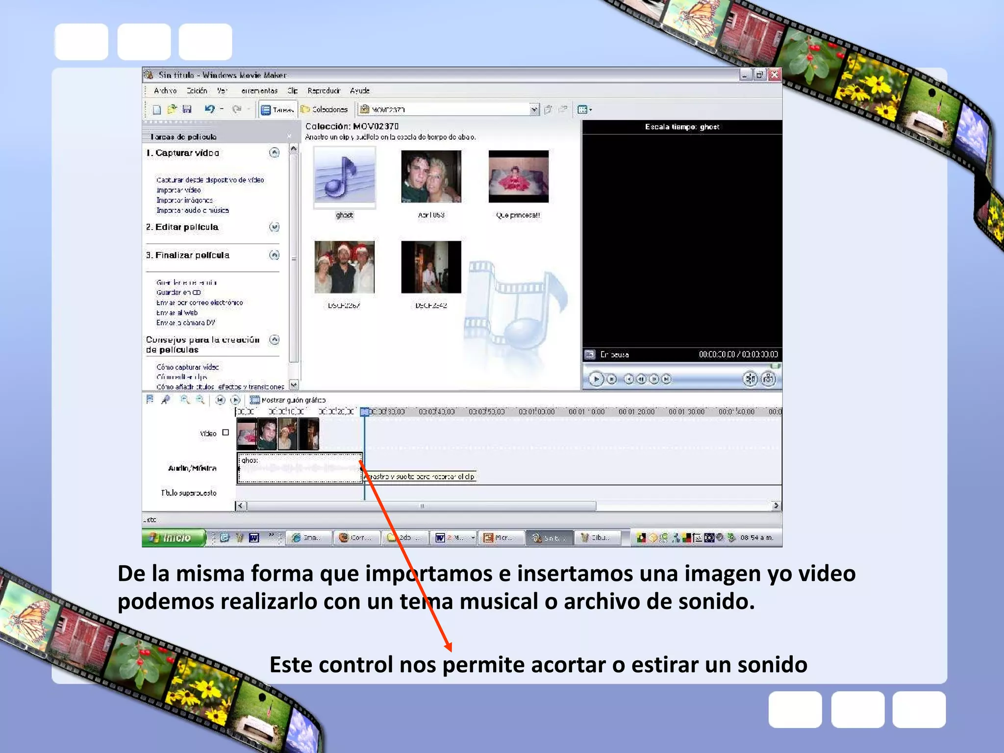 De la misma forma que importamos e insertamos una imagen yo video  podemos realizarlo con un tema musical o archivo de sonido. Este control nos permite acortar o estirar un sonido 