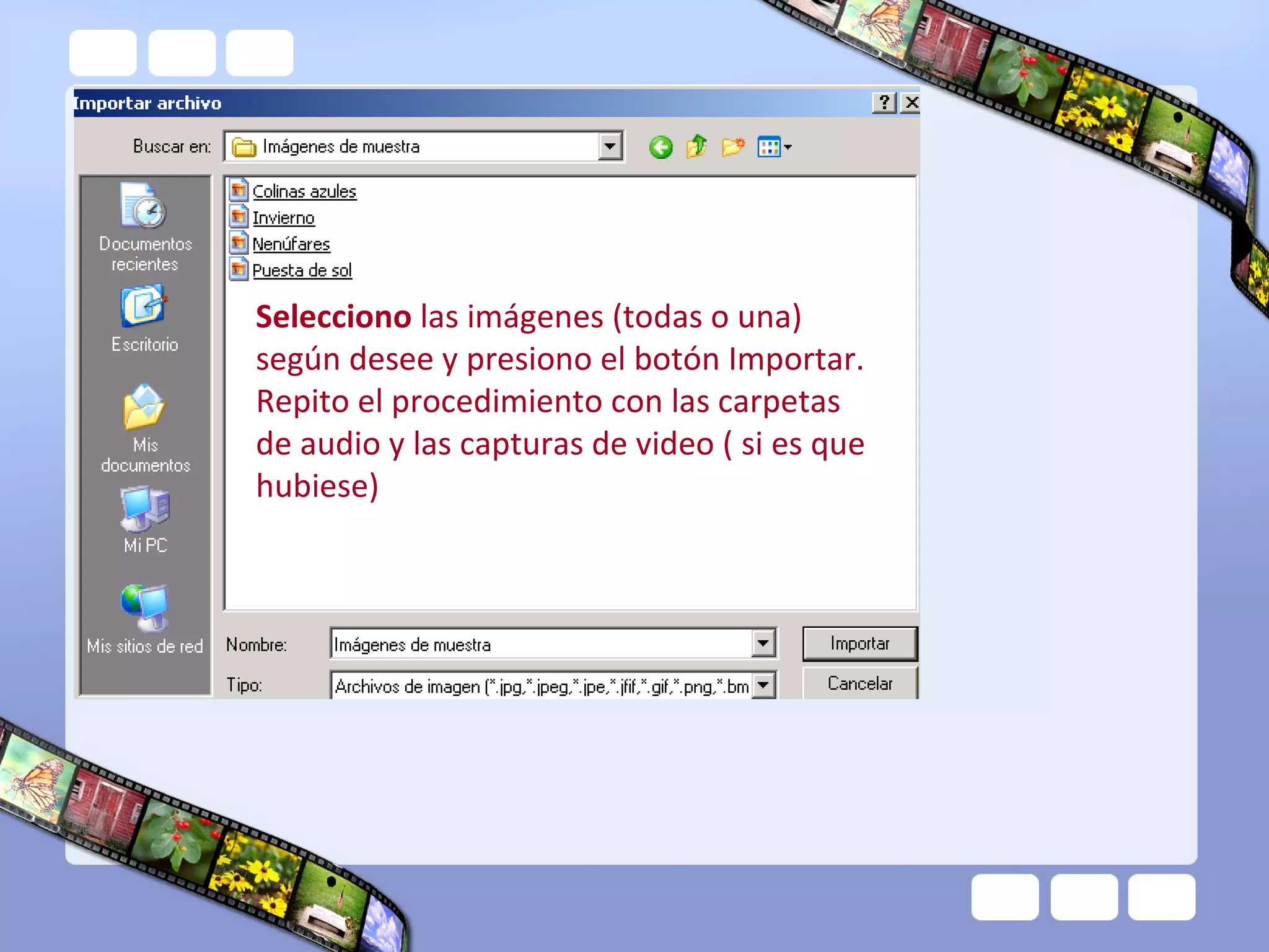 Selecciono  las imágenes (todas o una) según desee y presiono el botón Importar. Repito el procedimiento con las carpetas de audio y las capturas de video ( si es que hubiese)  
