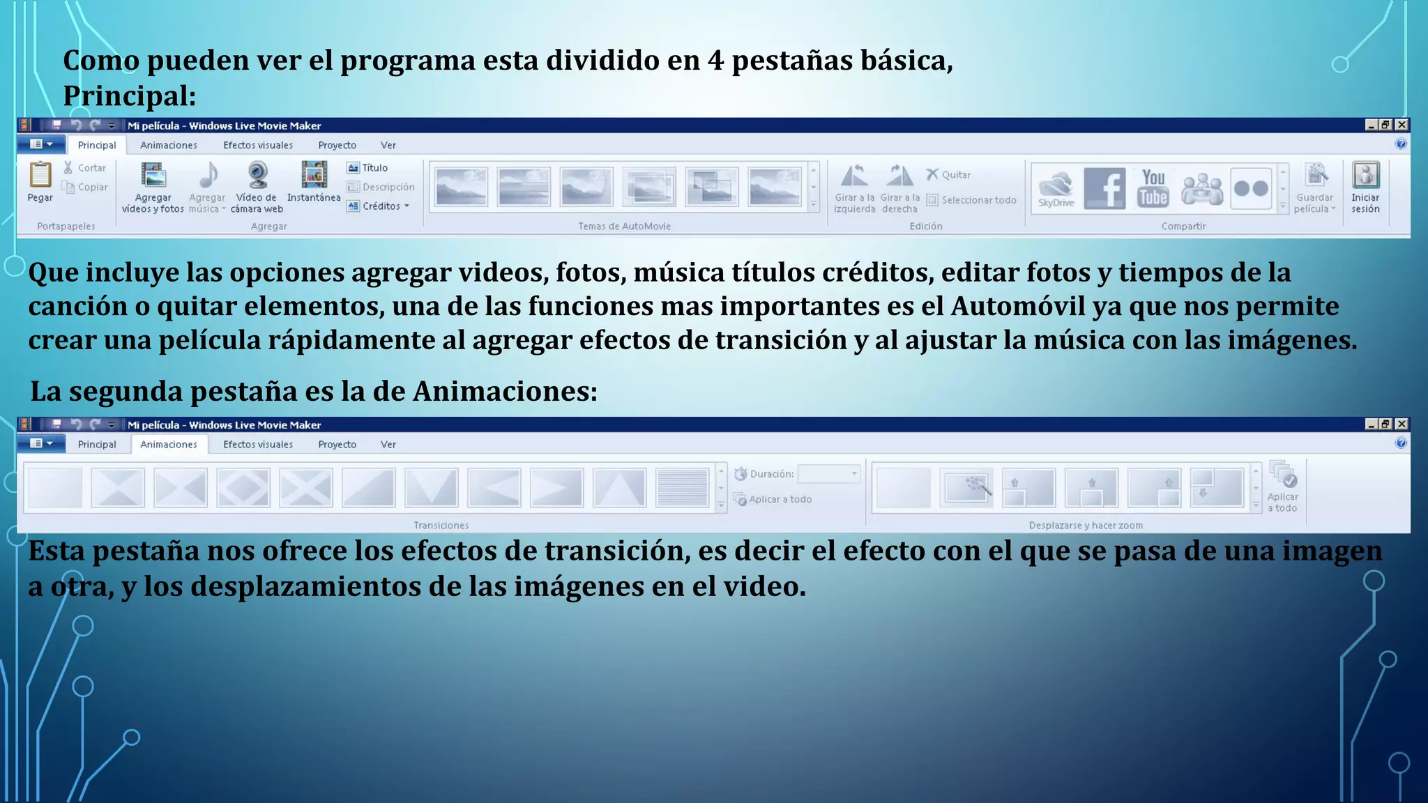 Como pueden ver el programa esta dividido en 4 pestañas básica,
Principal:
Que incluye las opciones agregar videos, fotos, música títulos créditos, editar fotos y tiempos de la
canción o quitar elementos, una de las funciones mas importantes es el Automóvil ya que nos permite
crear una película rápidamente al agregar efectos de transición y al ajustar la música con las imágenes.
La segunda pestaña es la de Animaciones:
Esta pestaña nos ofrece los efectos de transición, es decir el efecto con el que se pasa de una imagen
a otra, y los desplazamientos de las imágenes en el video.
 