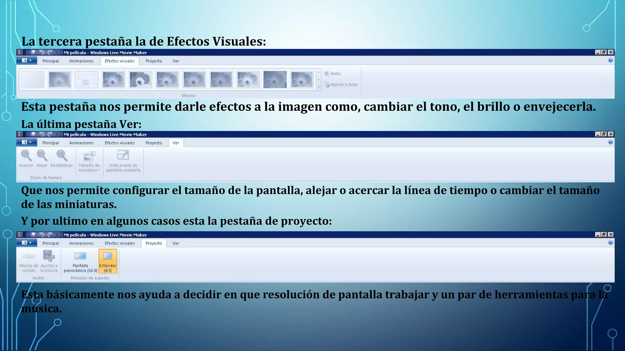 La tercera pestaña la de Efectos Visuales:
Esta pestaña nos permite darle efectos a la imagen como, cambiar el tono, el brillo o envejecerla.
La última pestaña Ver:
Que nos permite configurar el tamaño de la pantalla, alejar o acercar la línea de tiempo o cambiar el tamaño
de las miniaturas.
Y por ultimo en algunos casos esta la pestaña de proyecto:
Esta básicamente nos ayuda a decidir en que resolución de pantalla trabajar y un par de herramientas para la
música.
 
