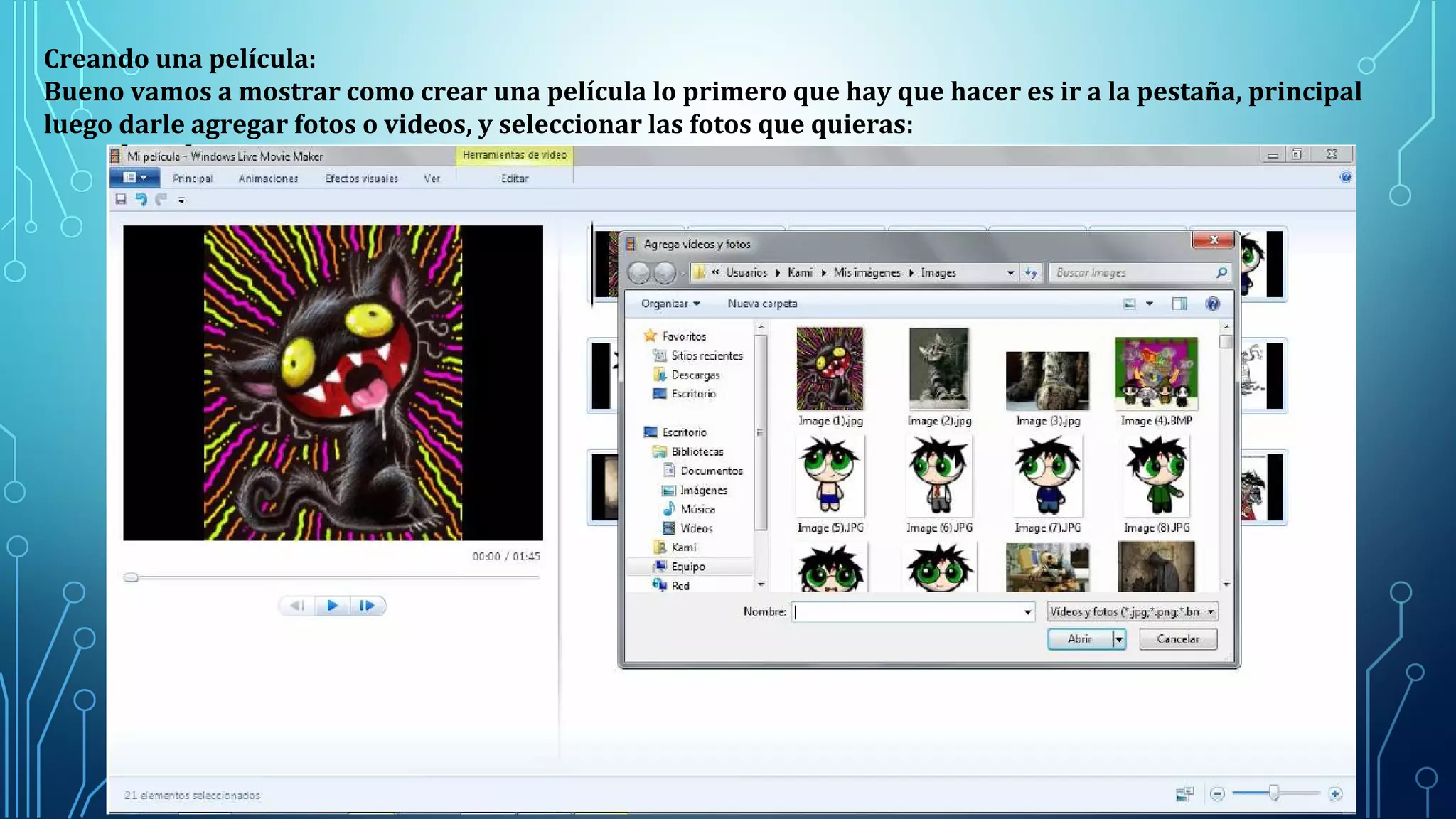 Creando una película:
Bueno vamos a mostrar como crear una película lo primero que hay que hacer es ir a la pestaña, principal
luego darle agregar fotos o videos, y seleccionar las fotos que quieras:
 