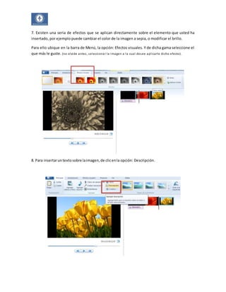 7. Existen una seria de efectos que se aplican directamente sobre el elemento que usted ha 
insertado, por ejemplo puede cambiar el color de la imagen a sepia, o modificar el brillo. 
Para ello ubique en la barra de Menú, la opción: Efectos visuales. Y de dicha gama seleccione el 
que más le guste. (no olvide antes , seleccionar la imagen a la cual desee apl icarle dicho efecto). 
8. Para insertar un texto sobre la imagen, de clic en la opción: Descripción. 
 