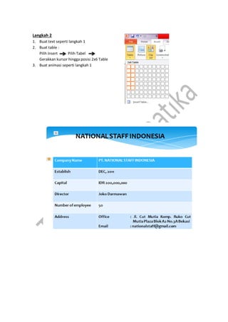 Langkah 2
1. Buat text seperti langkah 1
2. Buat table :
Pilih Insert Pilih Tabel
Gerakkan kursor hingga posisi 2x6 Table
3. Buat animasi seperti langkah 1
 