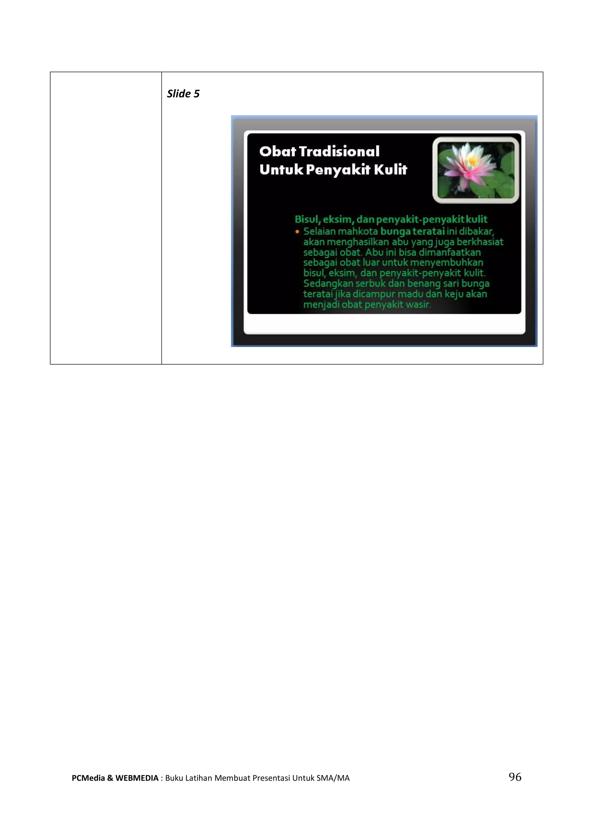 Slide 5
PCMedia & WEBMEDIA : Buku Latihan Membuat Presentasi Untuk SMA/MA 96
 