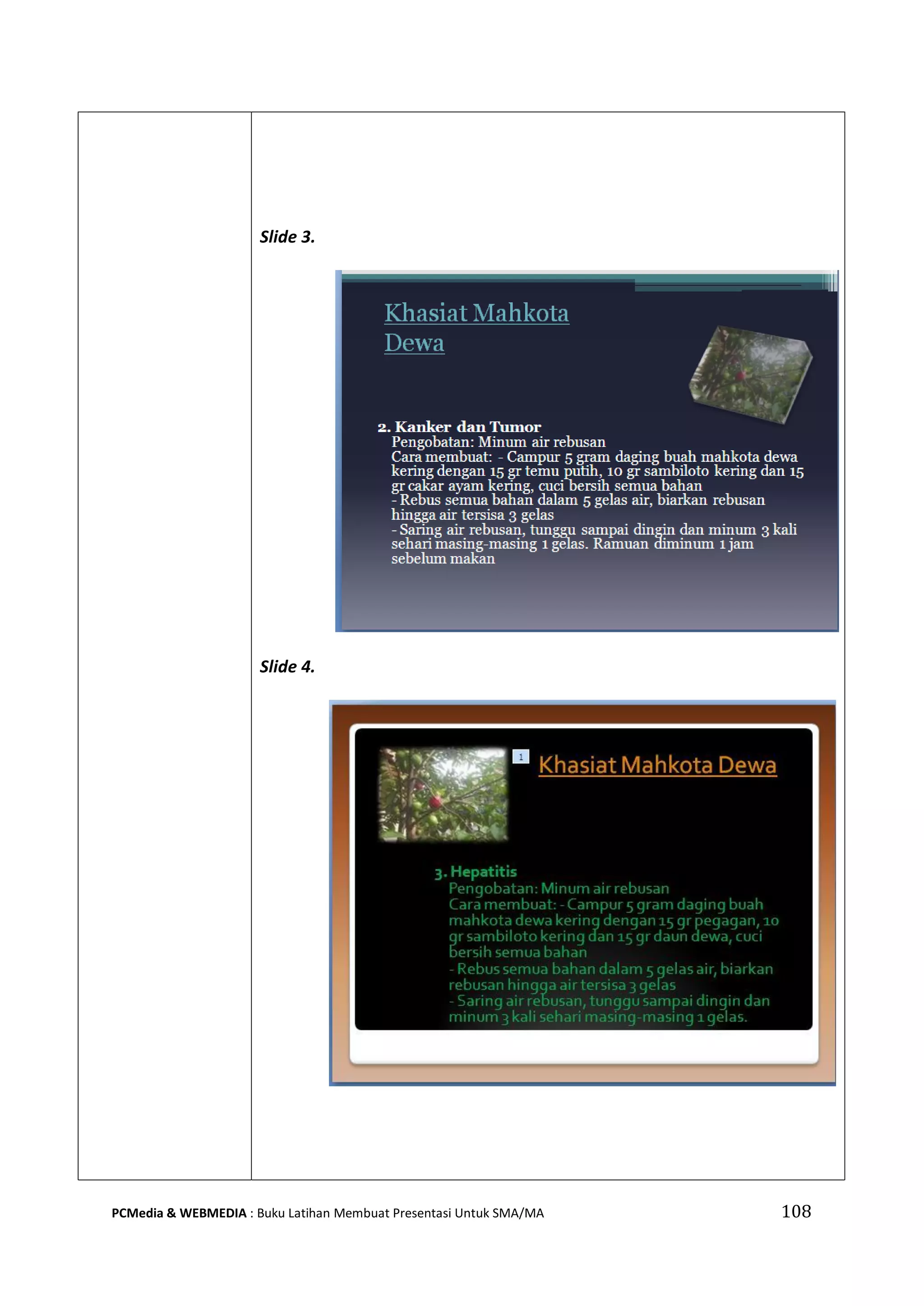 Slide 3.
Slide 4.
PCMedia & WEBMEDIA : Buku Latihan Membuat Presentasi Untuk SMA/MA 108
 