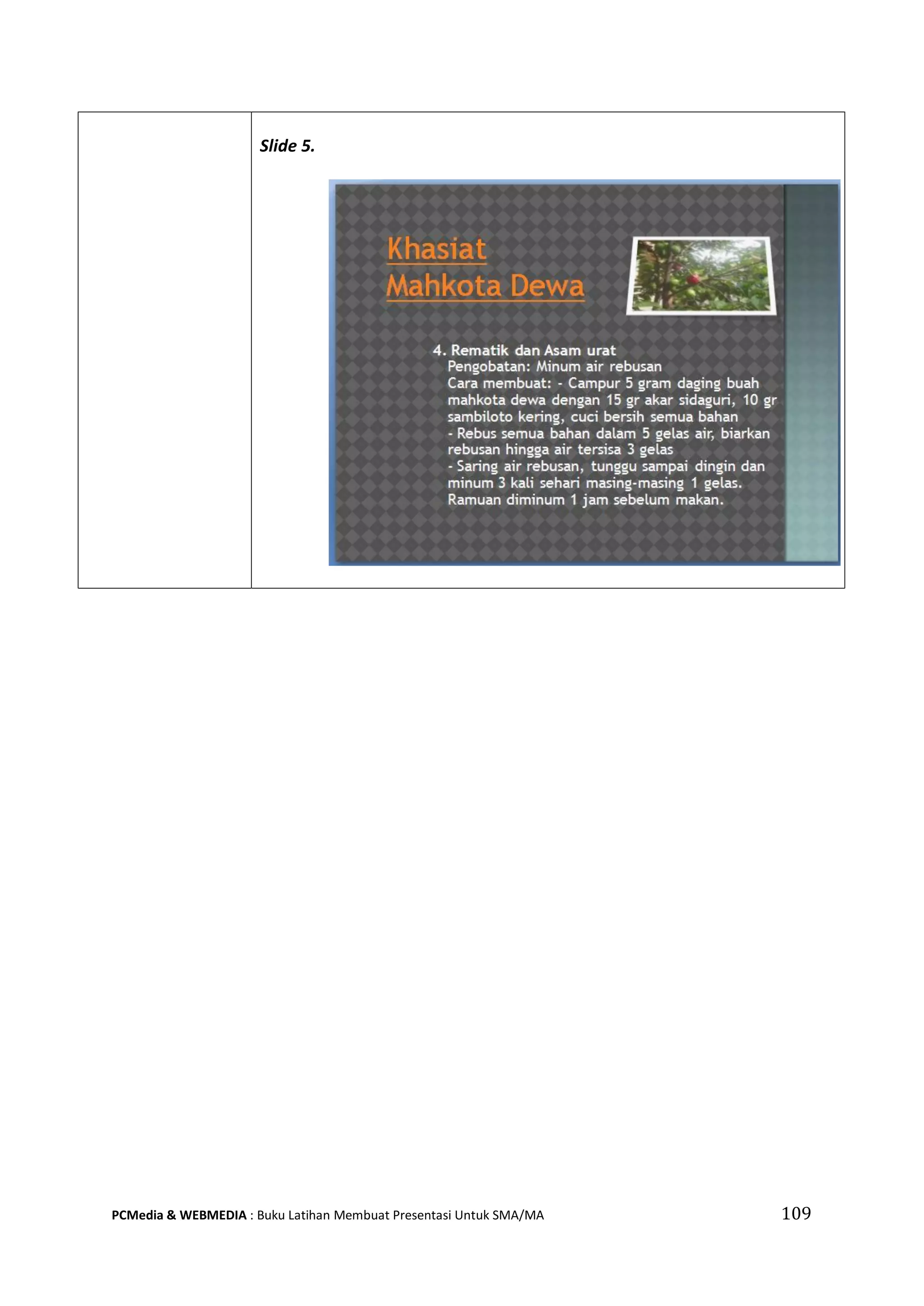 Slide 5.
PCMedia & WEBMEDIA : Buku Latihan Membuat Presentasi Untuk SMA/MA 109
 