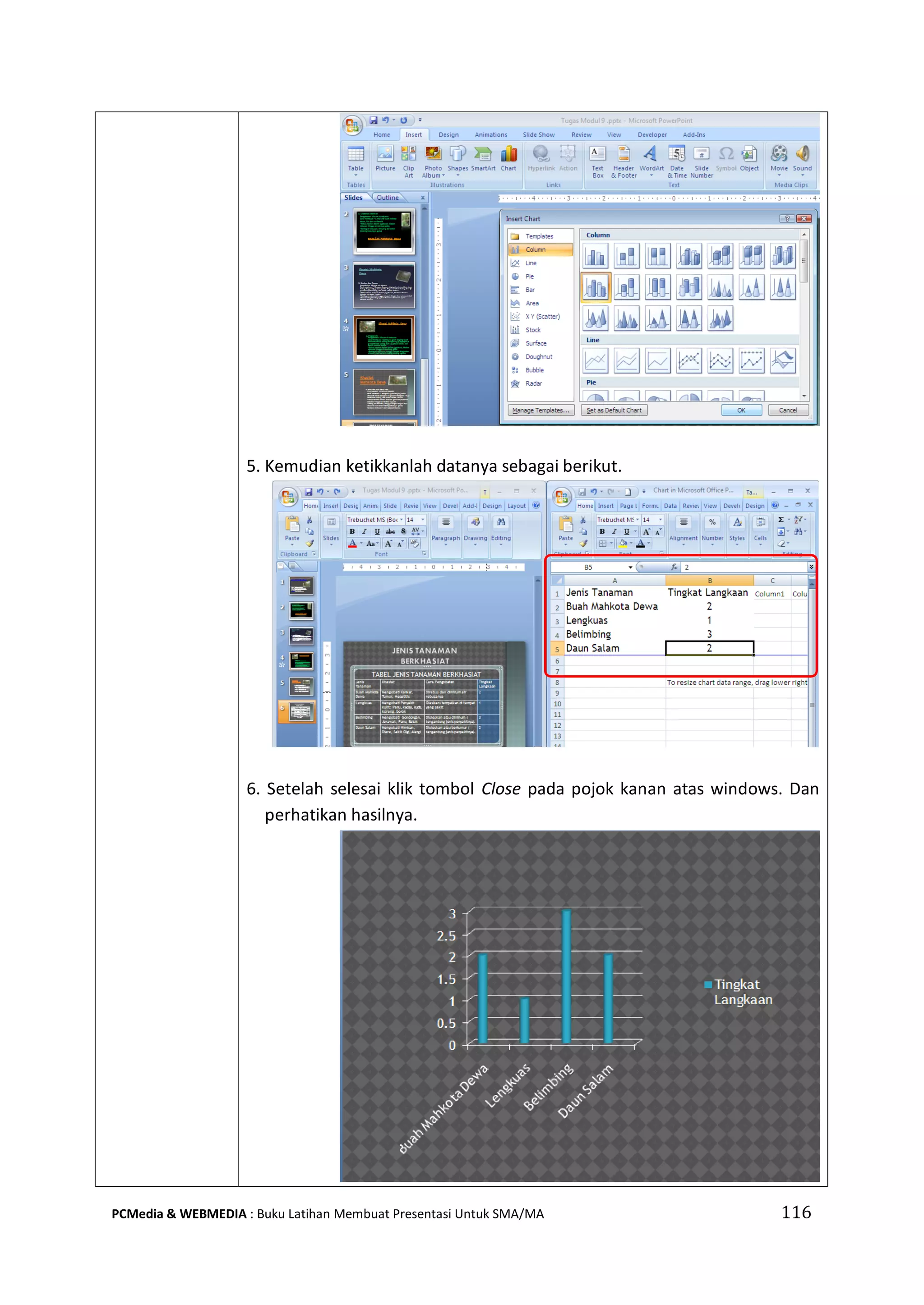 116PCMedia & WEBMEDIA : Buku Latihan Membuat Presentasi Untuk SMA/MA
5. Kemudian ketikkanlah datanya sebagai berikut.
6. Setelah selesai klik tombol Close pada pojok kanan atas windows. Dan
perhatikan hasilnya.
 