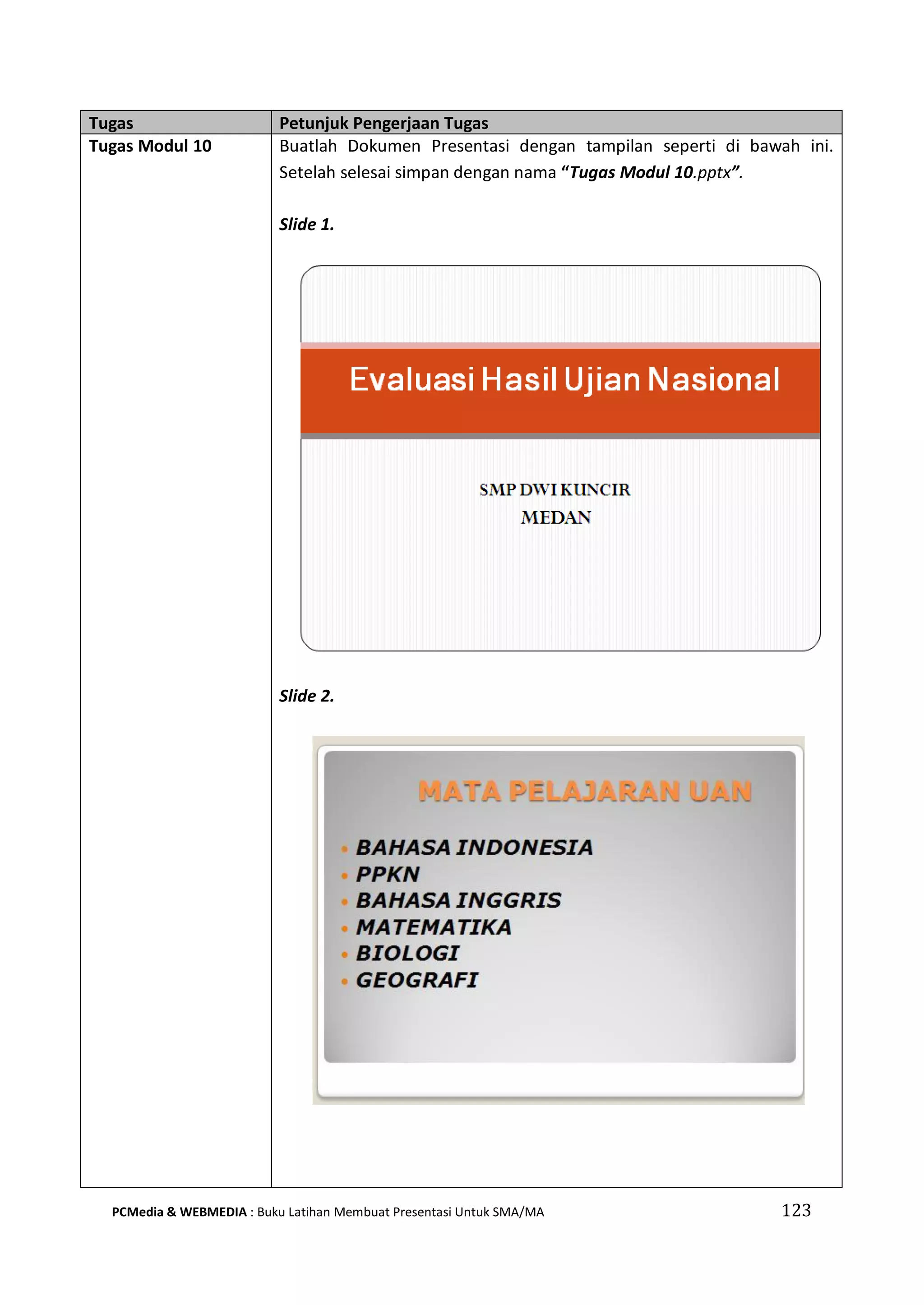 Tugas Petunjuk Pengerjaan Tugas
Tugas Modul 10 Buatlah Dokumen Presentasi dengan tampilan seperti di bawah ini.
Setelah selesai simpan dengan nama “Tugas Modul 10.pptx”.
Slide 1.
Slide 2.
PCMedia & WEBMEDIA : Buku Latihan Membuat Presentasi Untuk SMA/MA 123
 