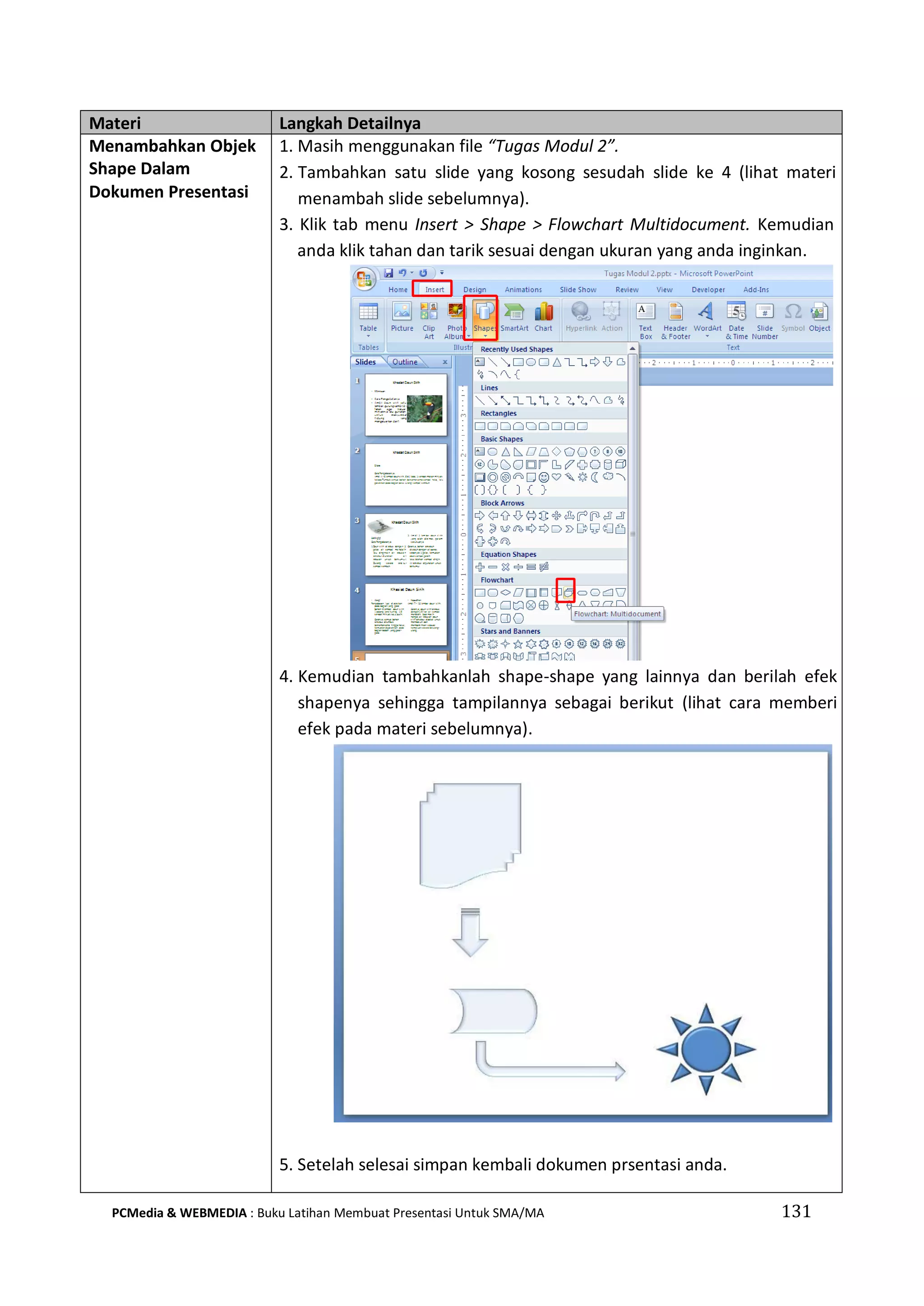 Materi Langkah Detailnya
Menambahkan Objek
Shape Dalam
Dokumen Presentasi
1. Masih menggunakan file “Tugas Modul 2”.
2. Tambahkan satu slide yang kosong sesudah slide ke 4 (lihat materi
menambah slide sebelumnya).
3. Klik tab menu Insert > Shape > Flowchart Multidocument. Kemudian
anda klik tahan dan tarik sesuai dengan ukuran yang anda inginkan.
4. Kemudian tambahkanlah shape-shape yang lainnya dan berilah efek
shapenya sehingga tampilannya sebagai berikut (lihat cara memberi
efek pada materi sebelumnya).
5. Setelah selesai simpan kembali dokumen prsentasi anda.
PCMedia & WEBMEDIA : Buku Latihan Membuat Presentasi Untuk SMA/MA 131
 