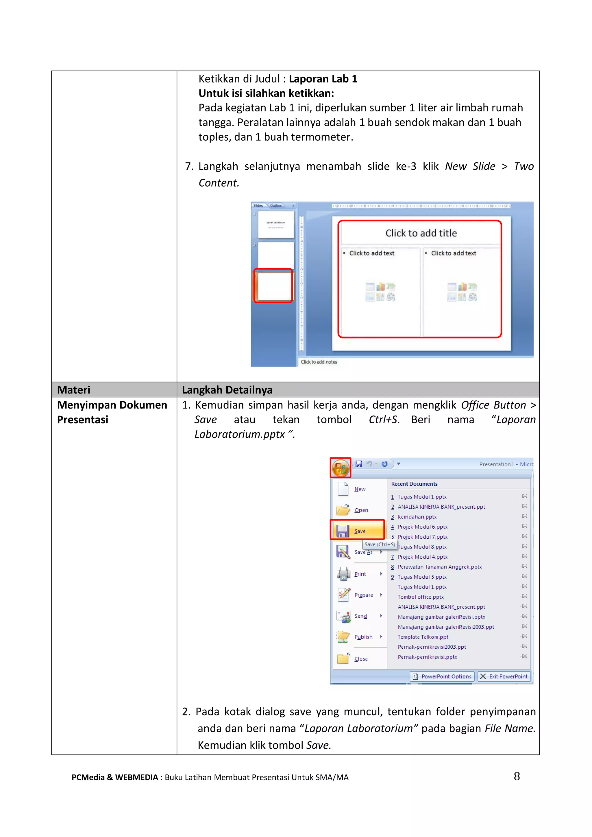 Ketikkan di Judul : Laporan Lab 1
Untuk isi silahkan ketikkan:
Pada kegiatan Lab 1 ini, diperlukan sumber 1 liter air limbah rumah
tangga. Peralatan lainnya adalah 1 buah sendok makan dan 1 buah
toples, dan 1 buah termometer.
7. Langkah selanjutnya menambah slide ke-3 klik New Slide > Two
Content.
Materi Langkah Detailnya
Menyimpan Dokumen
Presentasi
1. Kemudian simpan hasil kerja anda, dengan mengklik Office Button >
Save atau tekan tombol Ctrl+S. Beri nama “Laporan
Laboratorium.pptx ”.
2. Pada kotak dialog save yang muncul, tentukan folder penyimpanan
anda dan beri nama “Laporan Laboratorium” pada bagian File Name.
Kemudian klik tombol Save.
PCMedia & WEBMEDIA : Buku Latihan Membuat Presentasi Untuk SMA/MA 8
 