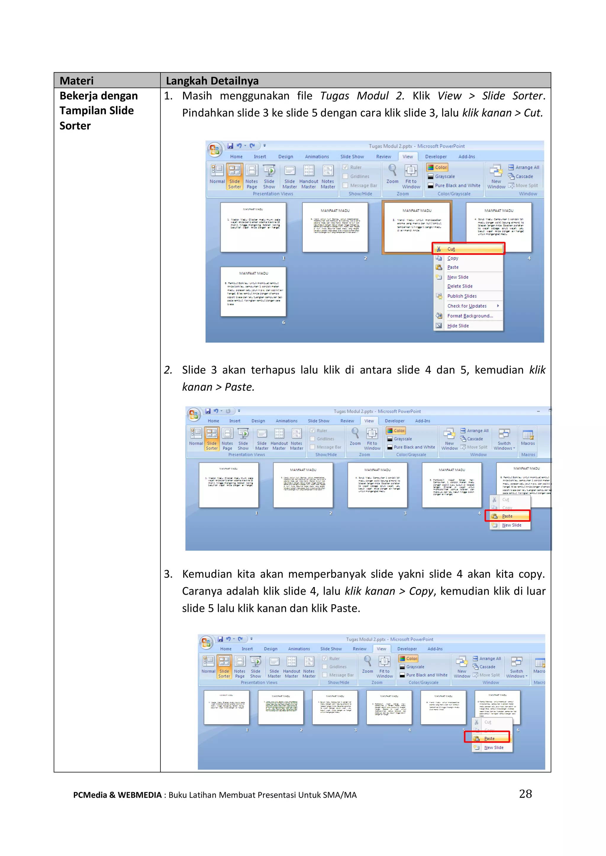 Materi Langkah Detailnya
Bekerja dengan
Tampilan Slide
Sorter
1. Masih menggunakan file Tugas Modul 2. Klik View > Slide Sorter.
Pindahkan slide 3 ke slide 5 dengan cara klik slide 3, lalu klik kanan > Cut.
2. Slide 3 akan terhapus lalu klik di antara slide 4 dan 5, kemudian klik
kanan > Paste.
3. Kemudian kita akan memperbanyak slide yakni slide 4 akan kita copy.
Caranya adalah klik slide 4, lalu klik kanan > Copy, kemudian klik di luar
slide 5 lalu klik kanan dan klik Paste.
PCMedia & WEBMEDIA : Buku Latihan Membuat Presentasi Untuk SMA/MA 28
 