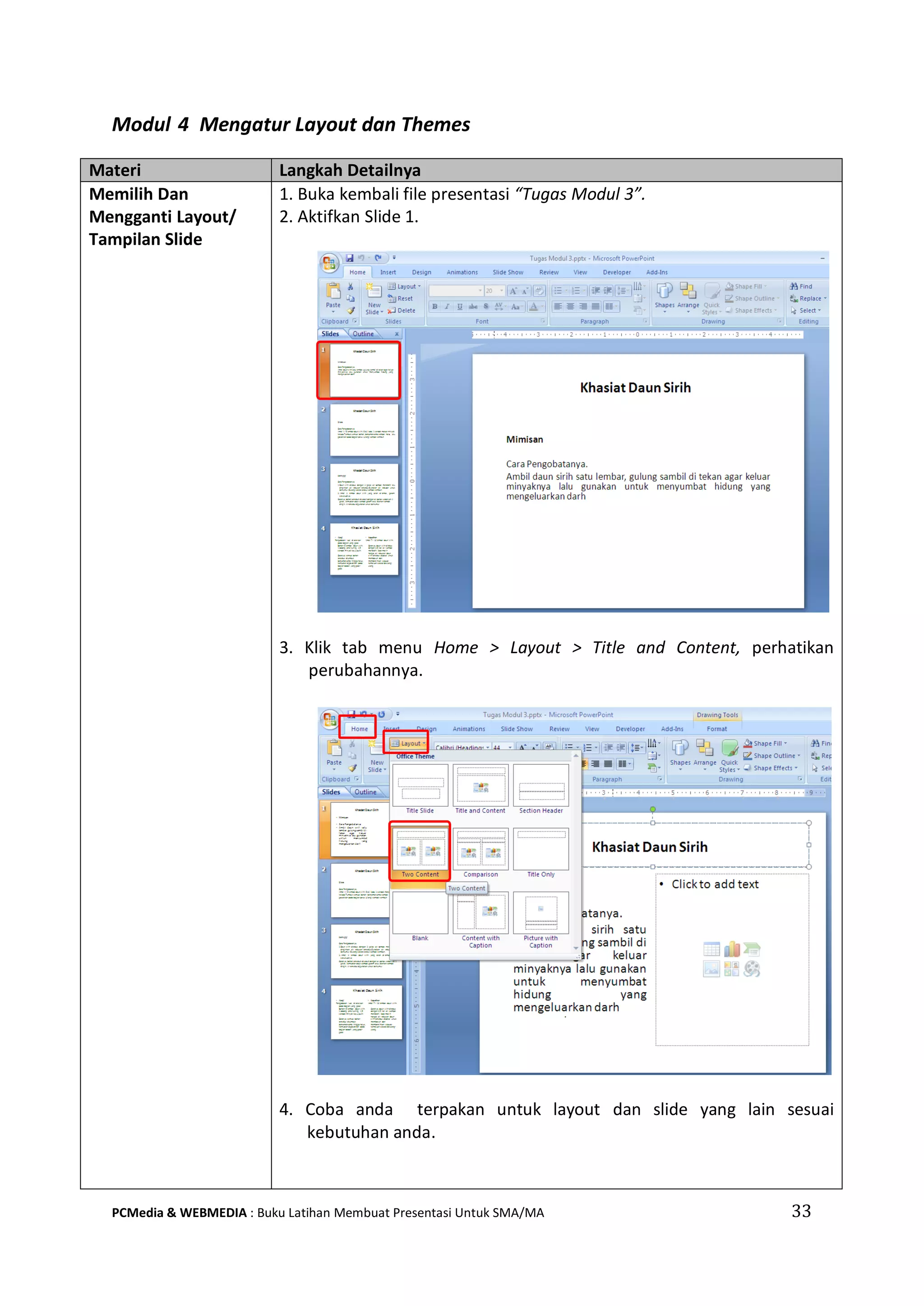 Modul 4 Mengatur Layout dan Themes
Materi Langkah Detailnya
Memilih Dan
Mengganti Layout/
Tampilan Slide
1. Buka kembali file presentasi “Tugas Modul 3”.
2. Aktifkan Slide 1.
3. Klik tab menu Home > Layout > Title and Content, perhatikan
perubahannya.
4. Coba anda terpakan untuk layout dan slide yang lain sesuai
kebutuhan anda.
PCMedia & WEBMEDIA : Buku Latihan Membuat Presentasi Untuk SMA/MA 33
 