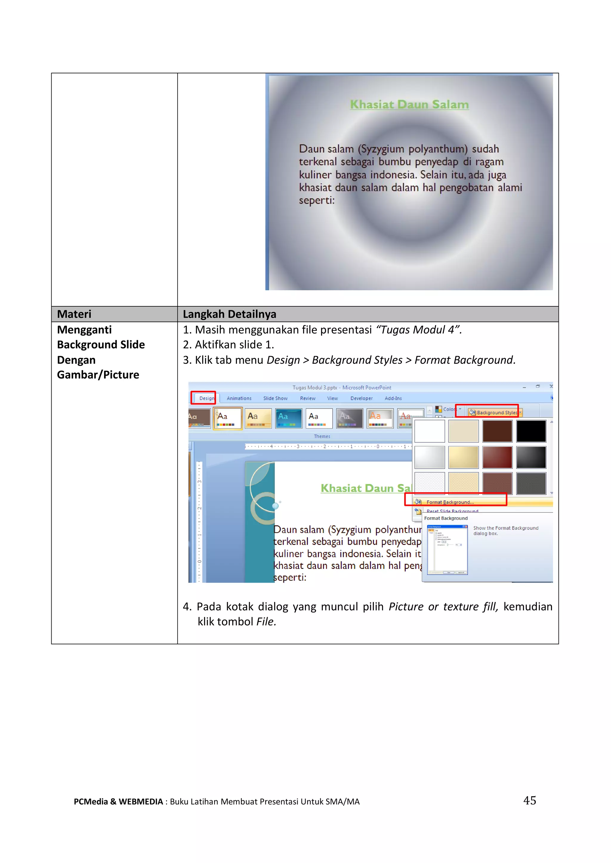 Materi Langkah Detailnya
Mengganti
Background Slide
Dengan
Gambar/Picture
1. Masih menggunakan file presentasi “Tugas Modul 4”.
2. Aktifkan slide 1.
3. Klik tab menu Design > Background Styles > Format Background.
4. Pada kotak dialog yang muncul pilih Picture or texture fill, kemudian
klik tombol File.
PCMedia & WEBMEDIA : Buku Latihan Membuat Presentasi Untuk SMA/MA 45
 