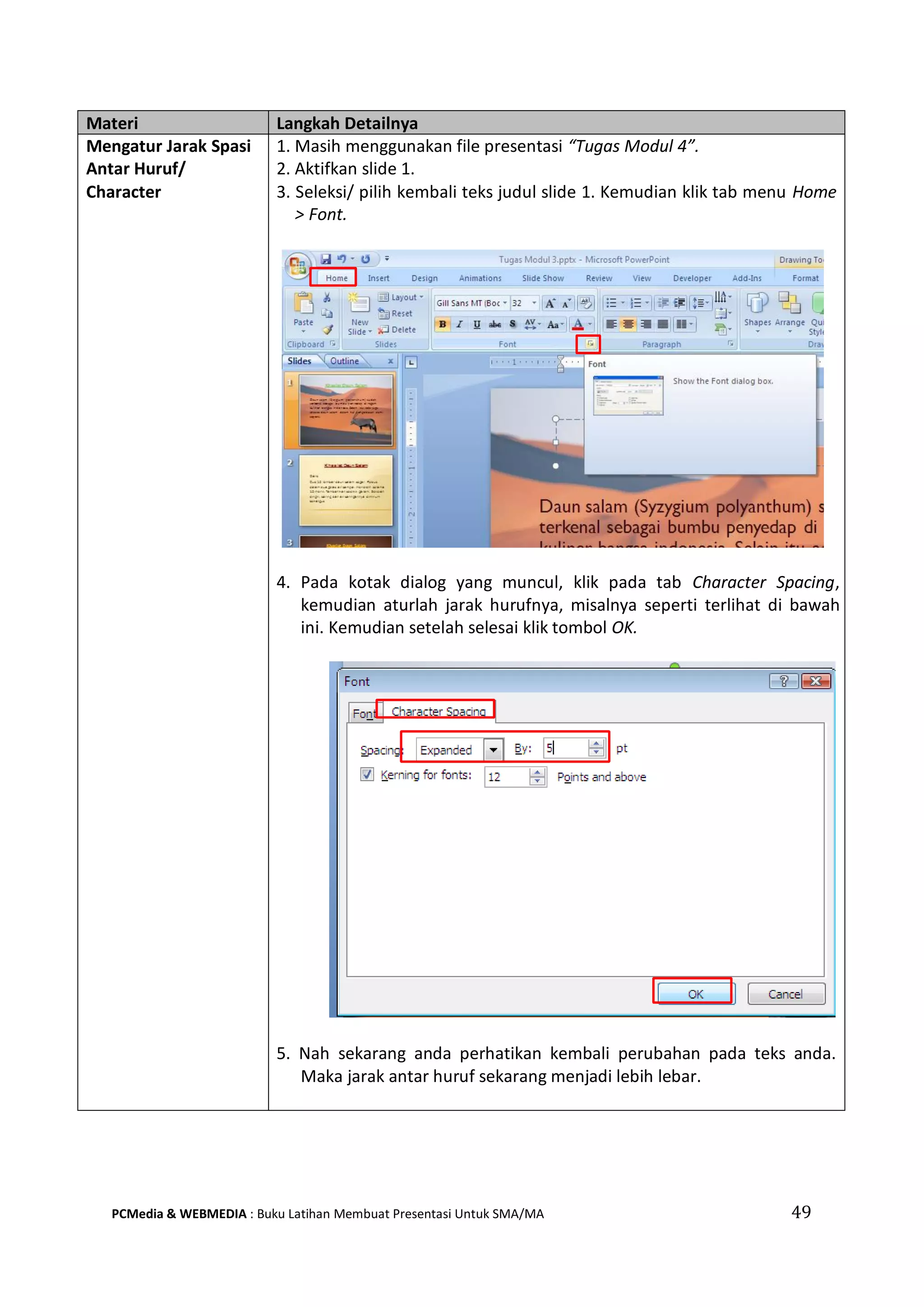 Materi Langkah Detailnya
Mengatur Jarak Spasi
Antar Huruf/
Character
1. Masih menggunakan file presentasi “Tugas Modul 4”.
2. Aktifkan slide 1.
3. Seleksi/ pilih kembali teks judul slide 1. Kemudian klik tab menu Home
> Font.
4. Pada kotak dialog yang muncul, klik pada tab Character Spacing,
kemudian aturlah jarak hurufnya, misalnya seperti terlihat di bawah
ini. Kemudian setelah selesai klik tombol OK.
5. Nah sekarang anda perhatikan kembali perubahan pada teks anda.
Maka jarak antar huruf sekarang menjadi lebih lebar.
PCMedia & WEBMEDIA : Buku Latihan Membuat Presentasi Untuk SMA/MA 49
 